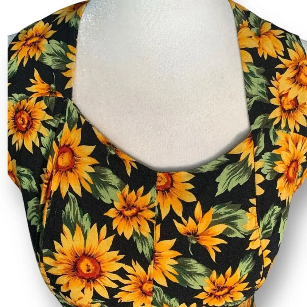 Vintage 90s Maxi Dress Sunflower Dark Floral Printed Black Sleeveless Cross-Back - Picture 4 of 12